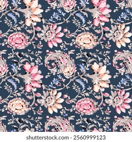 A beautiful floral paisley print on a navy blue background.