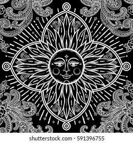Beautiful floral paisley sun face medallion ornament. Ethnic decorative and detailed pattern. Vintage ornate vector wallpaper, decorative vector art.
