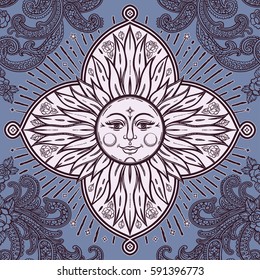 Beautiful floral paisley sun face medallion ornament. Ethnic decorative and detailed pattern. Vintage ornate vector wallpaper, decorative vector art.
