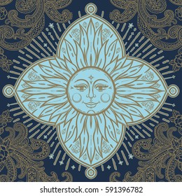 Beautiful floral paisley sun face medallion ornament. Ethnic decorative and detailed pattern. Vintage ornate vector wallpaper, decorative vector art.
