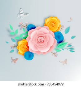 Beautiful floral paper art with butterfly vector illustation