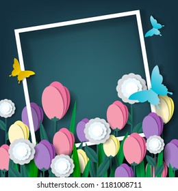 Beautiful floral paper cut with butterfly on green background, vector illustration