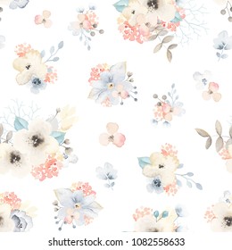 Beautiful floral pattern with abstract flowers, leaves and branches in vintage watercolor style. Vector seamless illustration on white background.