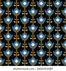 Beautiful floral pattern abstract line shapes geometric background stylish design. Hand drawn flowers motif textile print. Modern fashion ornament vector style. Black, white, blue, golden yellow color