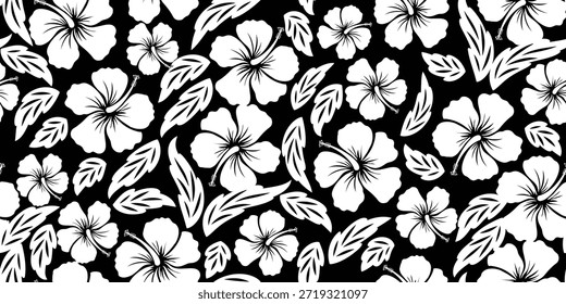 Beautiful floral pattern. black white hibiscus flowers motif, hibiscus flower on a white background. Summer fabric patterns for Hawaiian shirts. botanical motifs floral hibiscus.black white.