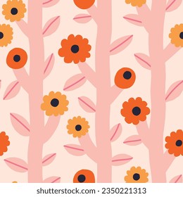 Beautiful floral pattern with bold flowers and leaves. Botanical texture with vertical blooming plants. Simple and cute background with hand drawn flowers