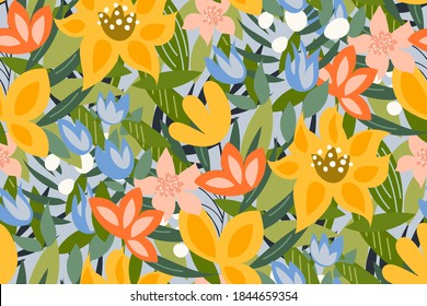 Beautiful floral pattern with colorful flowers, leaves on a pastel blue background. Creative Botanical design in a simple Scandinavian style. Vector Floral print, template for covers, interior, fabric