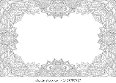 Beautiful floral pattern for coloring book page with detailed monochrome frame and copy space