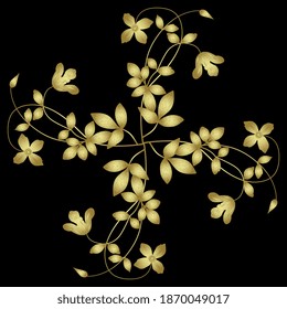 Beautiful floral pattern. Cross formed with branches of clematis flower. Golden silhouette on black background.