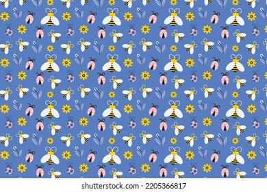 Beautiful floral pattern decoration on a blue background. Abstract insects pattern design with bees and ladybugs. Seamless pattern element vector for gift cards, clothing, wallpapers, and backgrounds.