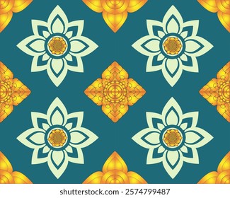 A Beautiful floral pattern featuring intricate designs in teal, yellow, and light green. symmetrical arrangement creates harmonious and vibrant aesthetic