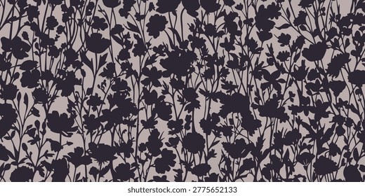 A beautiful floral pattern featuring numerous dark flowers, leaves, and stems on a light background.