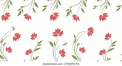 A beautiful floral pattern featuring red flowers and green leaves on white background