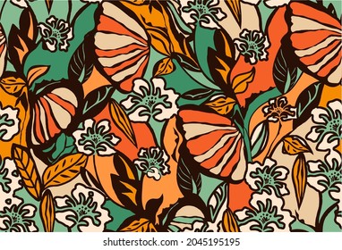 beautiful floral pattern in flat design and intense colors with green background, perfect for fabric and decoration