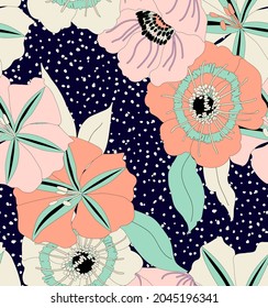 beautiful floral pattern in flat design and intense colors with navy background, perfect for fabrics and decoration.