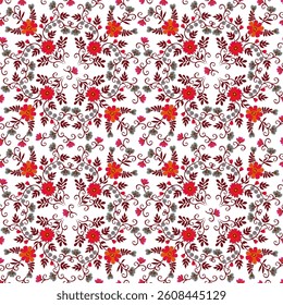 Beautiful floral pattern of flowers, berries, leaves, stems and buds in folk style on white background. Seamless print for fabric.