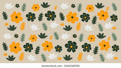 Beautiful floral pattern with flowers and plants. Simple pretty spring or summer romantic blossom garden background.