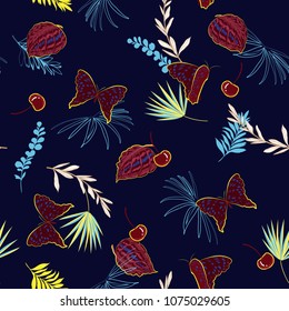 Beautiful Floral pattern in the garden flowers. Tropical botanical  Seamless vector texture fashion fabric. Printing with in hand drawn style on stylish navy blue background.