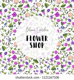 Beautiful Floral Pattern Label template with cute hand drawn doodle flower print. Artistic Seamless flourish packaging design for wrapping, stickers, invitations, greetings, wallpaper, textile, tag