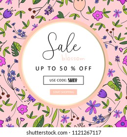 Beautiful Floral Pattern Label template with cute hand drawn doodle flower print. Artistic Seamless flourish packaging design for wrapping, stickers, invitations, greetings, wallpaper, textile, tag