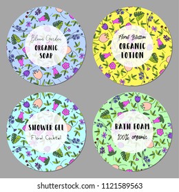 Beautiful Floral Pattern Label template with cute hand drawn doodle flower print. Artistic flourish packaging design for wrapping, stickers, invitations, greetings, wallpaper, textile, tag