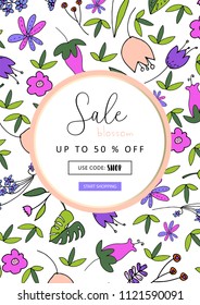Beautiful Floral Pattern Label template with cute hand drawn doodle flower print. Artistic  flourish packaging design for wrapping, stickers, invitations, greetings, wallpaper, textile, tag