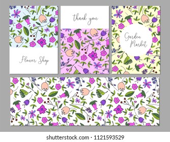 Beautiful Floral Pattern Label template with cute hand drawn doodle flower print. Artistic flourish packaging design for wrapping, stickers, invitations, greetings, wallpaper, textile, tag
