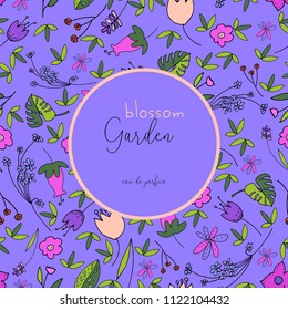Beautiful Floral Pattern Label template with cute hand drawn doodle flower print. Artistic flourish backdrop  design for wrapping, stickers, invitations, greetings, wallpaper, textile, tag