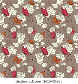 Beautiful Floral Pattern with Leaves, Cute Small Flowers on Seamless Background