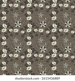 Beautiful Floral Pattern with Leaves, Cute Small Flowers on Seamless Background