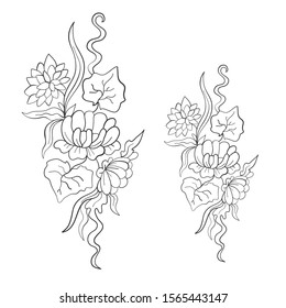 Beautiful floral pattern. Lily flowers, aquatic plants. Print. Coloring page. Vector illustration