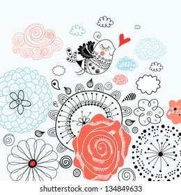 beautiful floral pattern in love with a bird on a light background