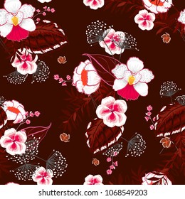 Beautiful  Floral pattern in the many kind of flowers. Tropical botanical  Motifs scattered random. Seamless vector texture.fashion prints. Printing with in hand drawn style on dark maroon background.