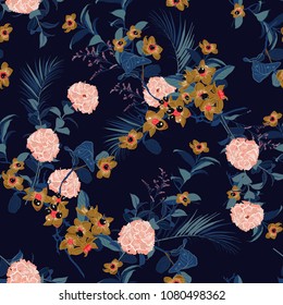 Beautiful  Floral pattern in the many kind of flowers. Tropical botanical  . Seamless vector texture.fashion fabric and all prints,with in hand drawn style on stylish navy blue ackground.