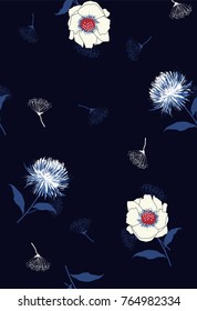 Beautiful Floral pattern in the many kind of flowers. Dark botanical  Motifs scattered random. Seamless vector texture. Printing with in hand drawn style navy blue background.