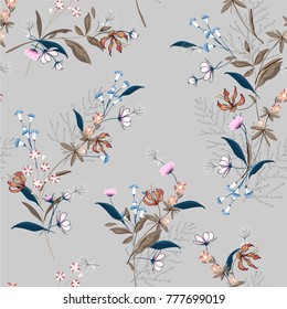 Beautiful Floral pattern in the many kind of flowers. Botanical  Motifs scattered random. Seamless vector texture. for fashion prints. Printing with in hand drawn style on light grey background.