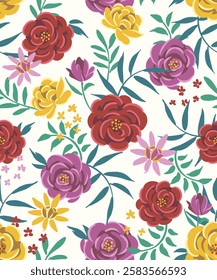 Beautiful floral pattern with maroon roses, purple roses, yellow carnations, and dark green leaves. Vintage design suitable for various creative projects