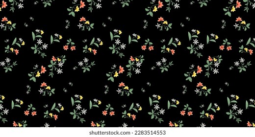 Beautiful floral pattern on black background. Ditsy chic flower. Find fill pattern on swacthes