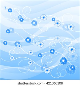 Beautiful floral pattern on blue waved background. Vector illustration.