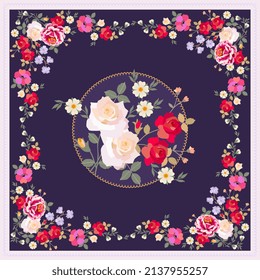 Hermoso patrón floral sobre un fondo morado oscuro para una bufanda en vector. Impresión natural para tela. Napkin, almohada, almohada, chal.