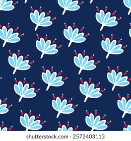 Beautiful floral pattern on dark blue background for fashionable women's fabrics. Hand drawn cute blue flowers, red hearts for seamless print for girlish textiles. Spring inflorescence. White outline.