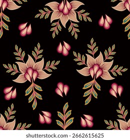 Hermoso Patrón Floral Sobre Fondo Oscuro Con Flores De Crema