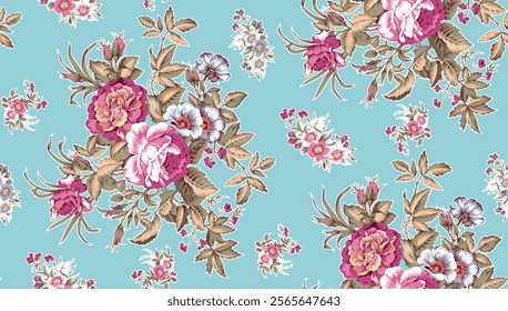 Beautiful Floral Pattern on Light Teal Background