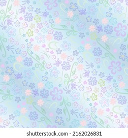 Beautiful floral pattern pastel colors. Many Small decorative flowers and curls on blue background vector illustration for design cambric fabric, background of women's site, wallpaper, wrapping paper