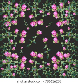 Beautiful floral pattern with pink malvas on black background. 