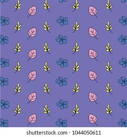 Beautiful floral pattern pink and yellow leaves, blue flowers on a purple background. Lovely pastel texture, option for textiles, fabrics.