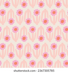 Beautiful floral pattern in retro style. Vector seamless texture with cute flowers. Hand drawn flowers background