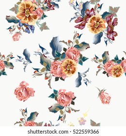 Beautiful floral pattern with roses and cosmos flowers in watercolor style, light colors