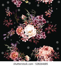 Beautiful floral pattern with roses and field flowers in watercolor style
