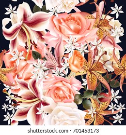 Beautiful floral pattern with roses and lily in watercolor style vector illustration